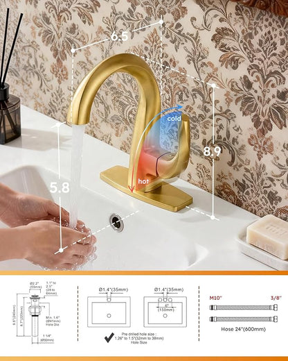 WOWOW Single Handle Bathroom Faucet 1 Hole High Arc Bathroom Basin Faucet Gold with Pop Up Drain, Solid Brass Commercial Bathroom Sink Faucet Basin Vanity Bar Faucet (Patented Product)