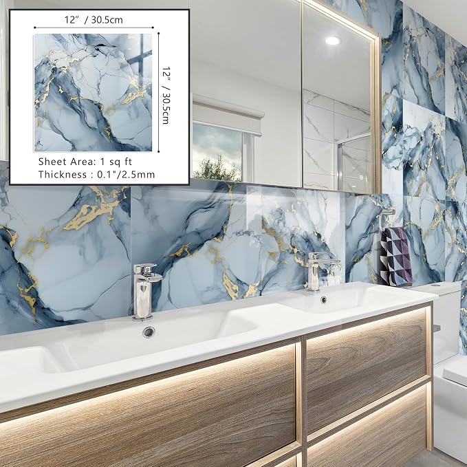 10 Sheets Marble Peel and Stick Backsplash Tile, 12"x12" Waterproof PVC Self Adhesive Tile Shower Wall Panels for Bathroom, Kitchen, Living Room (Metallic Blue) | Adhesive tiles kitchen bathroom PVC tiles self-adhesive kitchen back wall tiles self-adhe...