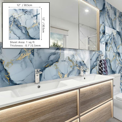 10 Sheets Marble Peel and Stick Backsplash Tile, 12"x12" Waterproof PVC Self Adhesive Tile Shower Wall Panels for Bathroom, Kitchen, Living Room (Metallic Blue) | Adhesive tiles kitchen bathroom PVC tiles self-adhesive kitchen back wall tiles self-adhe...