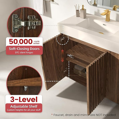 36" Bathroom Vanity with Sink, Freestanding Single Sink Bathroom Vanity with White Engineered Stone Top & Open Side Storage, Soft-Closing Doors with Adjustable Shelf, Walnut