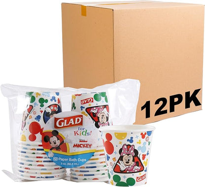 Glad for Kids Disney Mickey & Friends Disposable Mini Paper Cups - Colorful Heavy Duty, Soak Proof, Bathroom Mouse Rinse Cups for Kids, 3 Ounce, 20 Count - 12 Pack