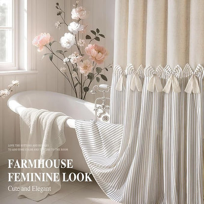 Farmhouse Shower Curtain Linen Bow Pleated Beige Stripe 60"W x 72"L | Farmhouse Style, Chic Bow, Striped, Linen Fabric, Rustic, Country, Natural Look, Washable, for Bathroom Bathtub