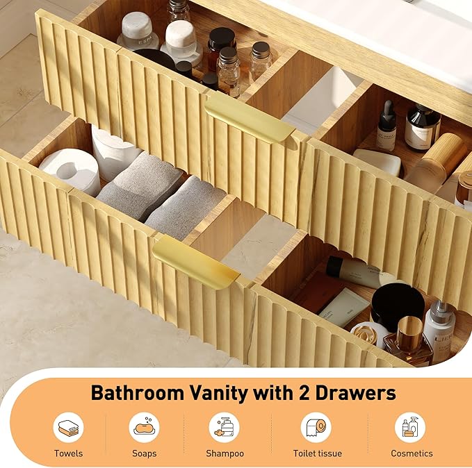 30 Inch Floating Bathroom Vanity Without Sink, Bathroom Wall Cabinet with 2 Fluted Drawers & Metal Handle, Wall Mounted Cabinet for Bathrooms (Natual Yellow, 30 inch, Without Sink)