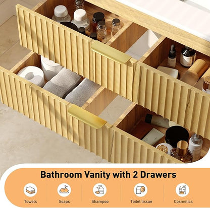 30 Inch Floating Bathroom Vanity with Sink, Bathroom Wall Cabinet with 2 Fluted Drawers & Metal Handle, Wall Mounted Cabinet for Bathrooms (Natual Yellow, 30 inch, with Sink)