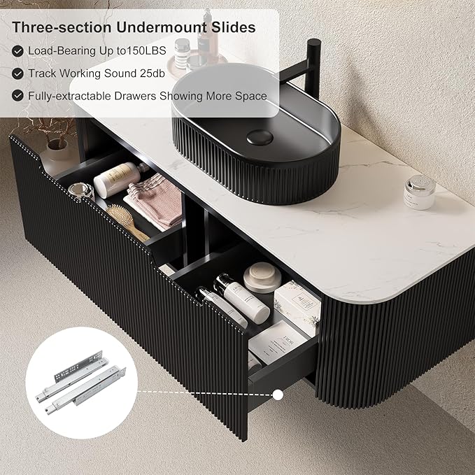 48 inch Floating Bathroom Vanity with Sink, Plywood Bathroom Vanities with Oval Ceramic Basin and Marble Top, 2 Large Soft-Closing Storage Drawers, Pre-Assembled Cabinet, Gloss Black