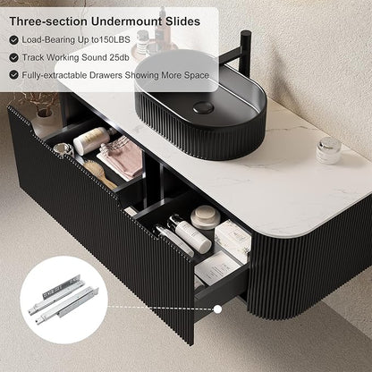 48 inch Floating Bathroom Vanity with Sink, Plywood Bathroom Vanities with Oval Ceramic Basin and Marble Top, 2 Large Soft-Closing Storage Drawers, Pre-Assembled Cabinet, Gloss Black