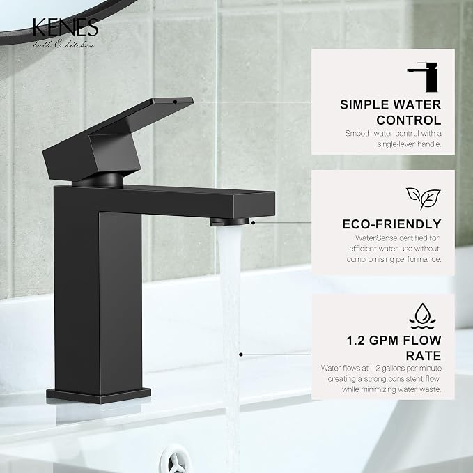 Matte Black Single Handle Bathroom Faucet 1 Hole, Black Vanity Faucet | Bathroom Sink Faucet with Pop Up Drain & Supply Lines, Lead-Free cUPC & NSF Certified, 1 Handle Faucet for Vanity RV Restroom