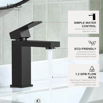 Matte Black Single Handle Bathroom Faucet 1 Hole, Black Vanity Faucet | Bathroom Sink Faucet with Pop Up Drain & Supply Lines, Lead-Free cUPC & NSF Certified, 1 Handle Faucet for Vanity RV Restroom
