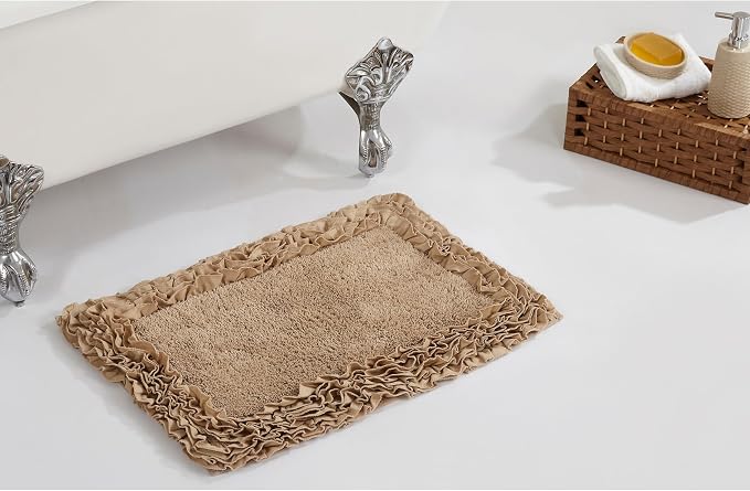 Better Trends 100% Cotton 17" x 24" Bathmat Ultra Soft Water Absorbent Spray Latex Backing Machine Washable Bath Rug for Bathroom Floor Mat Home Decor, Beige Shaggy Border Collection