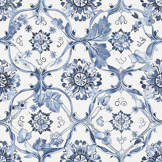Delft Blue Floral Vine Peel and Stick Floor Tiles 12x12 Inch 10PCS | Delft blue floral vine pattern on a white background vinyl floor stickers for kitchen bathroom entryway and indoor home decor