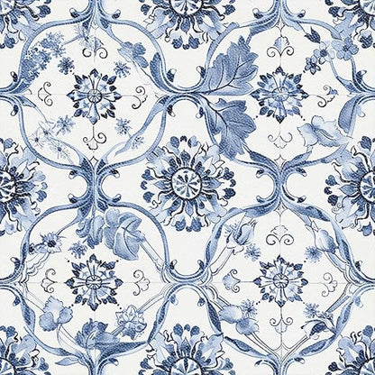 Delft Blue Floral Vine Peel and Stick Floor Tiles 12x12 Inch 10PCS | Delft blue floral vine pattern on a white background vinyl floor stickers for kitchen bathroom entryway and indoor home decor