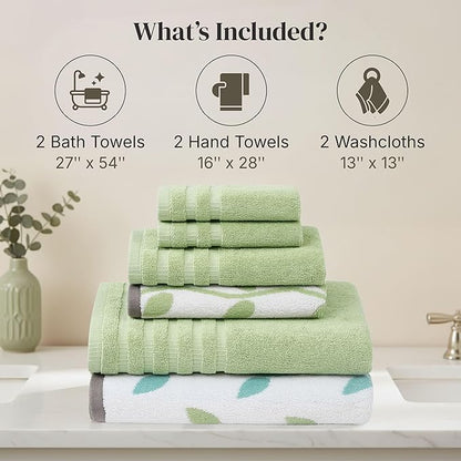 Modern Threads Natural Vine 6-Piece 100% Cotton Towel Set – Yarn Dyed Jacquard – Includes 2 Bath Towels, 2 Hand Towels, 2 Washcloths – Absorbent, Quick Dry, Soft & Durable – Sage Green