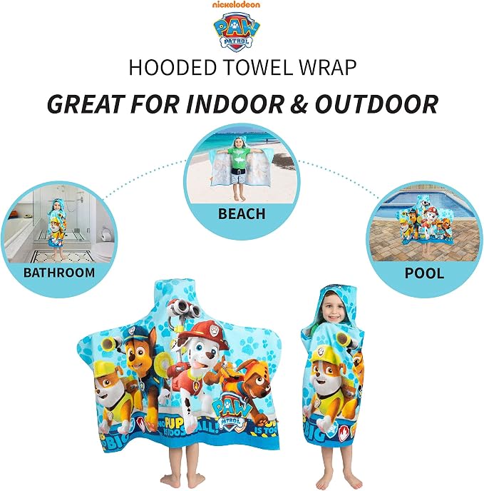 Paw Patrol Blue Bath/Pool/Beach Soft Cotton Terry Hooded Towel Wrap, 24" x 50", By Franco Kids