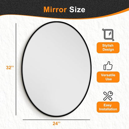32x24 Black Oval Bathroom Mirror for Over Sink, Aluminum Frame | HD Reflection No Distortion, Aluminum Frame, Mounting Hardware for Vertical or Horizontal Mount
