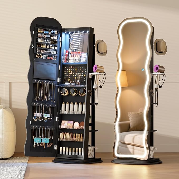 Vlsrka LED Mirror Jewelry Cabinet Standing, 360° Swivel, Black | Lockable Jewelry Armoire with Mirror, Interior LED Makeup Mirror, Foldable Shelf, Large Capacity, Gift for Women, Girls