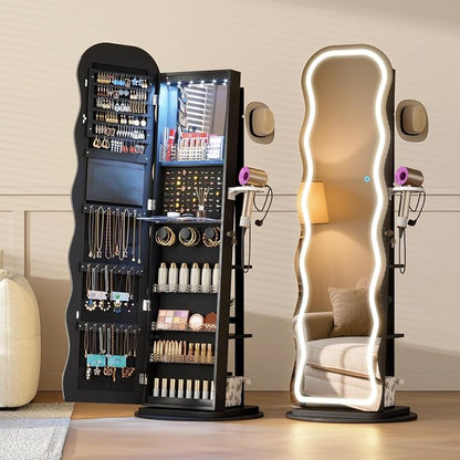 Vlsrka LED Mirror Jewelry Cabinet Standing, 360° Swivel, Black | Lockable Jewelry Armoire with Mirror, Interior LED Makeup Mirror, Foldable Shelf, Large Capacity, Gift for Women, Girls