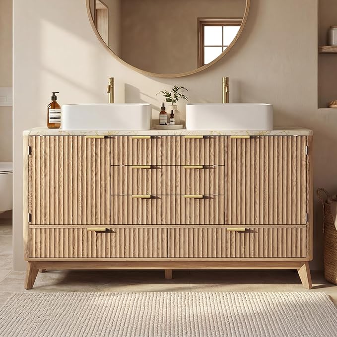 Concho 55'' Fluted Bathroom Vanity with Double Ceramic Sink, Modern Bathroom Sink Storage Cabinet with Engineered Marble Top & 4 Spacious Drawers, Freestanding Bathroom Vanity Cabinet, Oak