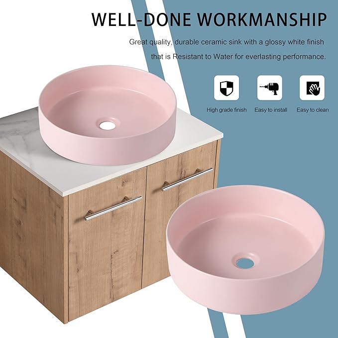 24" Floating Vanity with Sink, 24 Inch Bathroom Vanity with Sink, Modern Plywood Floating Cabinet with Sintered Stone Countertop and Pink Ceramic Basin, Soft Close Doors