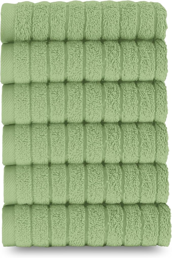 Elegant Comfort 100% Turkish Cotton Corduroy Ribbed Luxury Washcloths 6 Pack Soft 13 x 13 Inch - Higly Absorbent, Durable, Quick Dry, Spa Premium Hotel Quality for Bathroom or Travel, Sage