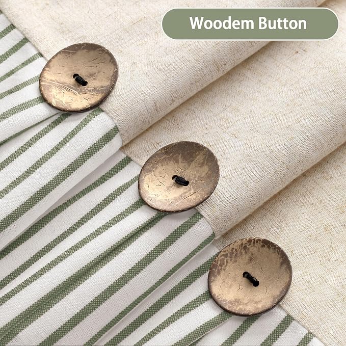 Farmhouse Shower Curtain Linen Button Green Stripe 72" W x 84" L | Farmhouse Style, Chic Button, Striped, Linen Fabric, Rustic, Country, Natural Look, Washable, for Bathroom Bathtub