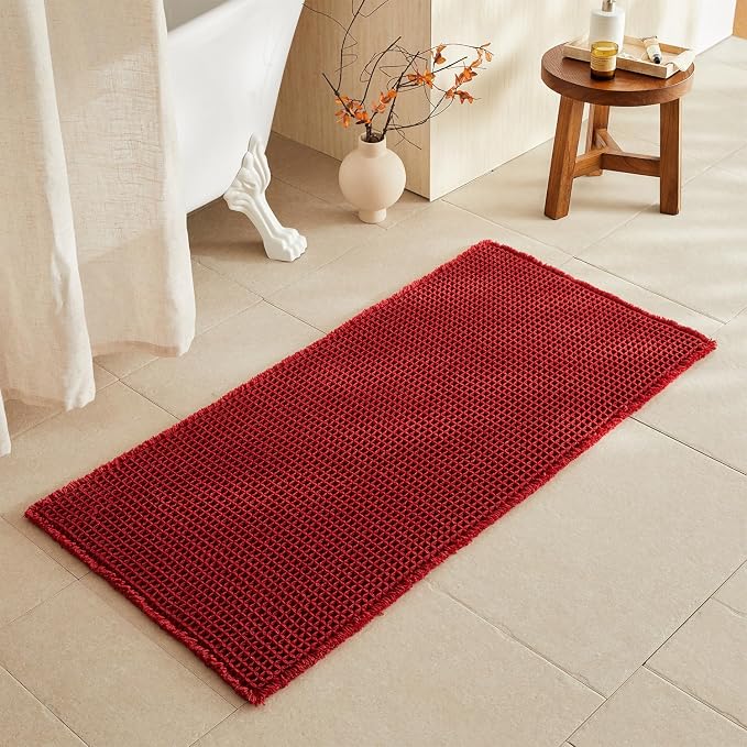 TYUU Waffle Bath Mat, Boho Bathroom Rugs Non Slip, 48x24 Burgundy | Super Absorbent Quick Dry Bath Rug, Non-Slip Backing, Soft Waffle Washable Farmhouse Bathroom Mats, Tub, Shower & Home Decor