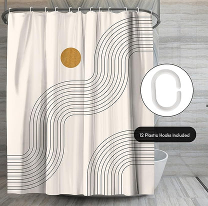 Americanflat 71x74 Boho Shower Curtain - Water-Resistant Long Shower Curtain with Durable Metal Grommets and 12 Hooks - 100% Polyester - Warm Beige, Black, and Ochre Yellow