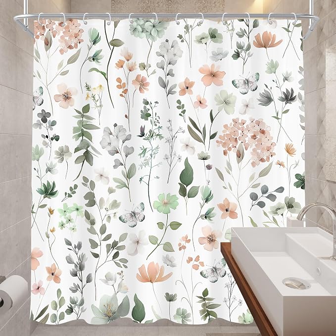 Extra Long Green Pink Floral Cute Wildflower Bathroom Shower Curtain Set | 72"W x 84"H Watercolor Boho; waterproof HD print, quick-dry fabric and plastic hooks for easy setup.