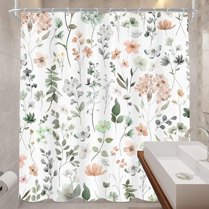 Extra Long Green Pink Floral Cute Wildflower Bathroom Shower Curtain Set | 72"W x 84"H Watercolor Boho; waterproof HD print, quick-dry fabric and plastic hooks for easy setup.