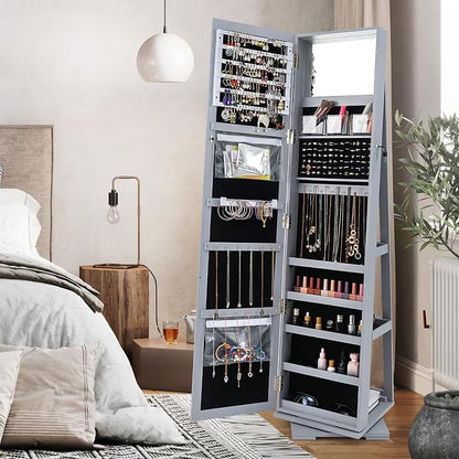 GOFLAME 360° Rotating Jewelry Armoire, Lockable Jewelry Cabinet with Full-Length Mirror & Inner Makeup Mirror, Standing Jewelry Storage Organizer with Rear Storage Shelves, Gray