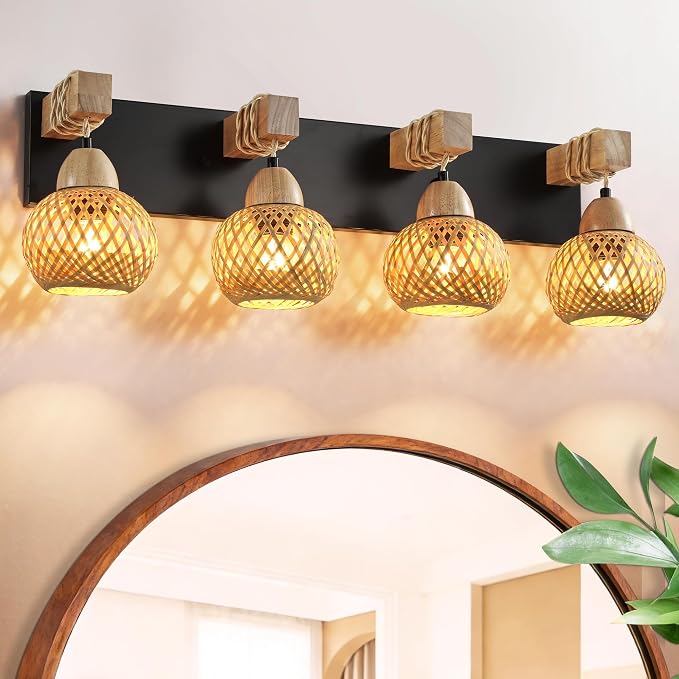 LmnLvn 4-Light Bathroom Vanity Light, Boho Farmhouse Handmade Bamboo Shade | Wood & Black Metal Frame, Rustic Vanity Lighting, Mounted Over Mirror, Easy To Install for Restroom, Bedroom & Hallway