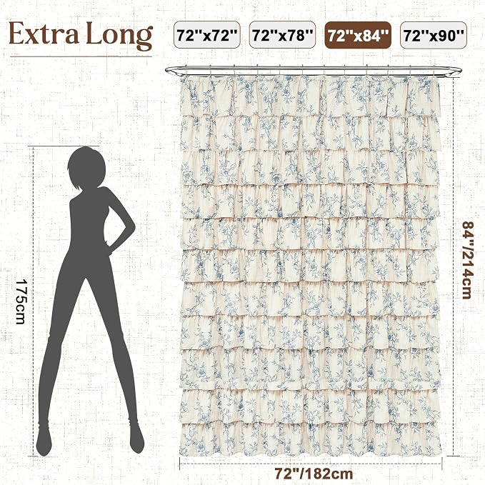 Extra Long Farmhouse Ruffle Shower Curtains with Blue Floral, 72"Wx84"L | French Country Vintage Rustic Washable Waterproof Shower Curtain for Bathroom Bathtub, 12 Metal Hooks