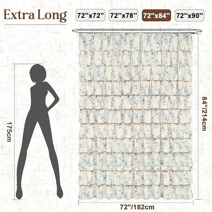 Extra Long Farmhouse Ruffle Shower Curtains with Blue Floral, 72"Wx84"L | French Country Vintage Rustic Washable Waterproof Shower Curtain for Bathroom Bathtub, 12 Metal Hooks