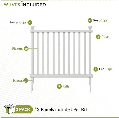 Zippity Baskenridge Picket Fence Panels, White Vinyl DIY No Dig Kit | 3ftH x 3.5ftW, 2 Panels, Garden Border Yard Fencing, ZP19037