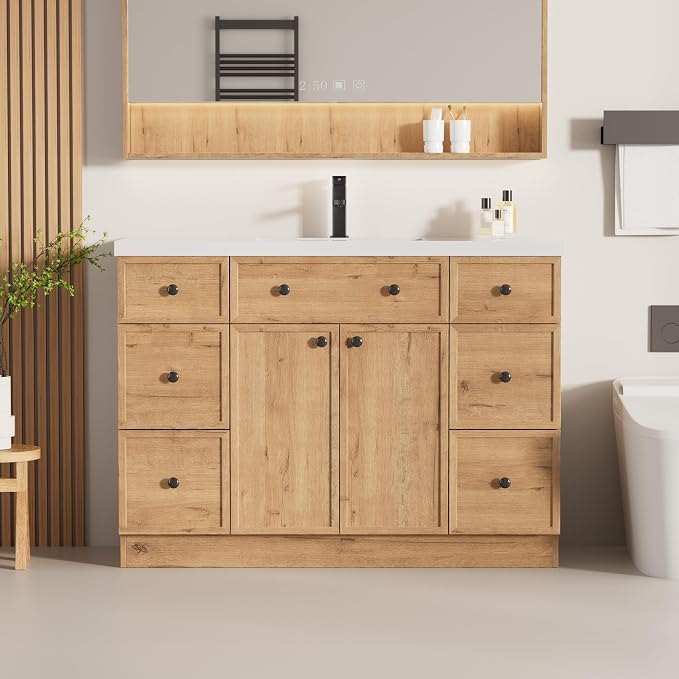 LUCKWIND 48" Farmhouse Bathroom Vanity with Sink Combo, Rustic Modern Bathroom Cabinet with Undermount Solid Surface Single Sink, Soft-Close Hinges & Water-Saving Faucet, Natural