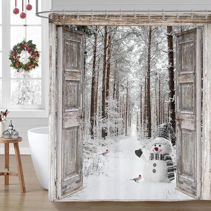 Winter Christmas Shower Curtain, Cute Snowman Winter Forest Pine Tree Scene Shower Curtain for Bathroom Rustic Farmhouse Xmas Snowflake Holiday Gray Bathroom Accessories Polyester 72"X72" with Hooks