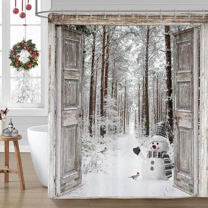 Winter Christmas Shower Curtain, Cute Snowman Winter Forest Pine Tree Scene Shower Curtain for Bathroom Rustic Farmhouse Xmas Snowflake Holiday Gray Bathroom Accessories Polyester 72"X72" with Hooks
