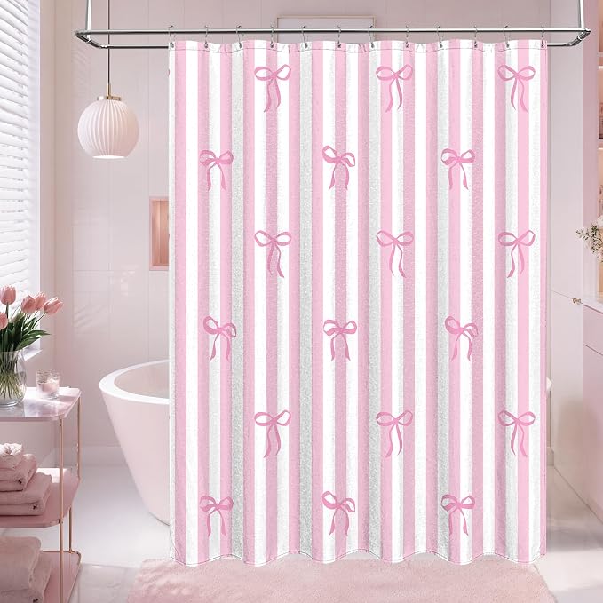 Tititex Cute Candy Cane Striped Pink Bow 140gsm Faux Linen Fabric Shower Curtain, White Pink Elegant Classic Shower Curtain Sets Decoration 72x72 Inch with Hooks