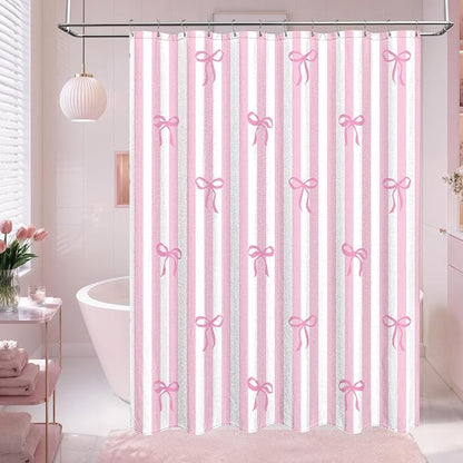 Tititex Cute Candy Cane Striped Pink Bow 140gsm Faux Linen Fabric Shower Curtain, White Pink Elegant Classic Shower Curtain Sets Decoration 72x72 Inch with Hooks