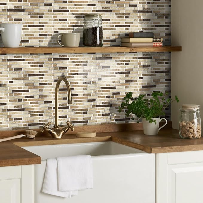 Alwayspon 10 Sheets 12" x12inch Brown Marble Effect Vinyl Tiles, Backsplash, Self-Adhesive Peel and Stick Wall Tile Stickers, Stick on Subway Tiles for Kitchen Bathroom Wall Decor