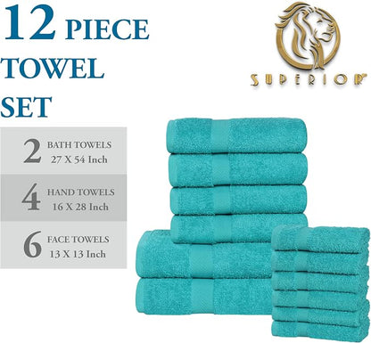 Superior 12-Piece Cotton Assorted Towel Set, Includes 6 Face Towel, 4 Hand, and 2 Bath Towels, Home, Bathroom, Guest Bath Essentials, Quick Dry, Absorbent, Franklin Collection - Turquoise