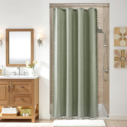 Stall Sage Green Boho Linen Shower Curtain 42 Inches Long Weighted Tassel Stall Shower Curtain Set with Hooks Modern Vintage Country Bath Curtain for RV Camper Small Bathroom 42x72, Green