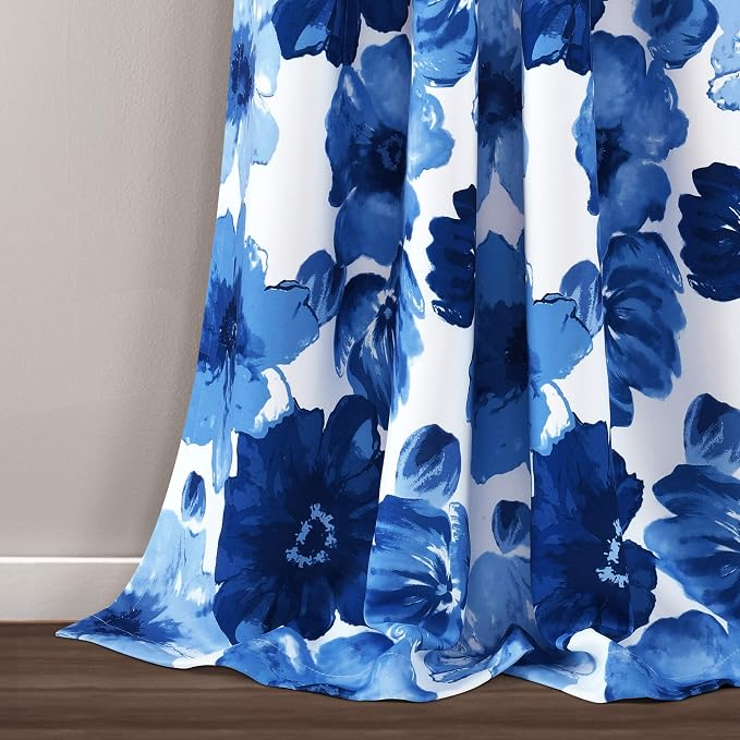 Lush Decor Leah Light Filtering Window Curtain Panels, Pair, 52" W x 84" L, Navy & White - Floral Drapes for Bedroom - Navy Curtains - Farmhouse Decor
