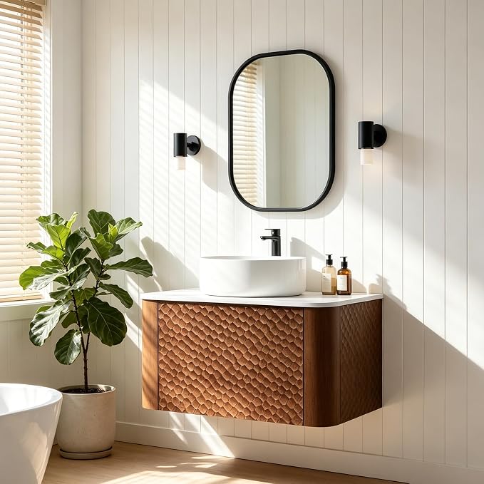 24 Inch Modern Bathroom Vanity with Ceramic Sink, Floating Bathroom Vanity Cabinet with Sintered Stone Top&Solid Wood Hammered Frame, Single Sink Bathroom Vanities w/Soft-Close Drawers,Walnut