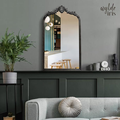 English Estate Carved Arch Wood Wall Mirror, Mirror for Entryway, Living Room, Bathroom, Distressed Black, 20.4x33