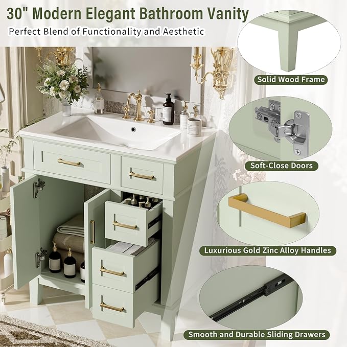 Favfurish 30" Bathroom Vanity with Ceramic Sink, Modern Storage Cabinet with Soft-Close Doors,Deep Drawer & Standard Drawer, Stylish Bath Vanity for Small Bathroom,Easy Assembly,Green