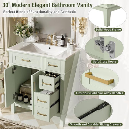 Favfurish 30" Bathroom Vanity with Ceramic Sink, Modern Storage Cabinet with Soft-Close Doors,Deep Drawer & Standard Drawer, Stylish Bath Vanity for Small Bathroom,Easy Assembly,Green