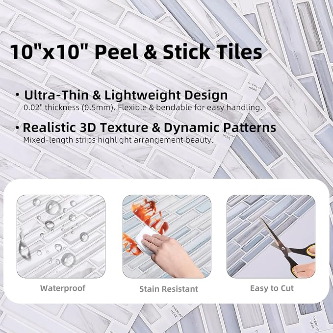 Tilingview 10PCS Peel and Stick Tile for Kitchen Backsplash, Strips Design Self-Adhesive Vinyl Tile, Plastic Wall Sticker (Blue Gray)