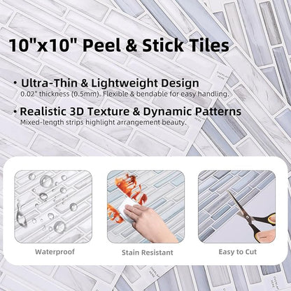 Tilingview 10PCS Peel and Stick Tile for Kitchen Backsplash, Strips Design Self-Adhesive Vinyl Tile, Plastic Wall Sticker (Blue White)