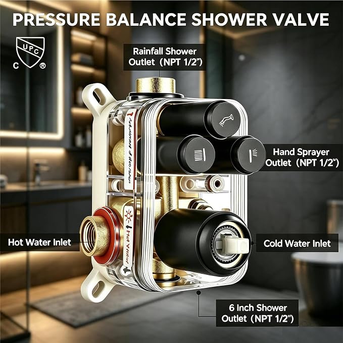 Dual Rainfall Shower Head System, Push Button Shower Faucet Set with 12" Ceiling Mount Rain shower head and 6" Wall Mount Shower Head, Pressure Balance Rough-in Valve (Matte Black)