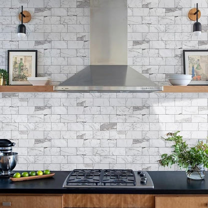 Vamos Tile 4-Piece Glossy Statury White Peel and Stick Backsplash Tile | 3''x6'' PVC Subway Tile with Dark Gray Grout, Stick on Backsplash for Kitchen/Bathroom/Fireplace/Laundry/Camper